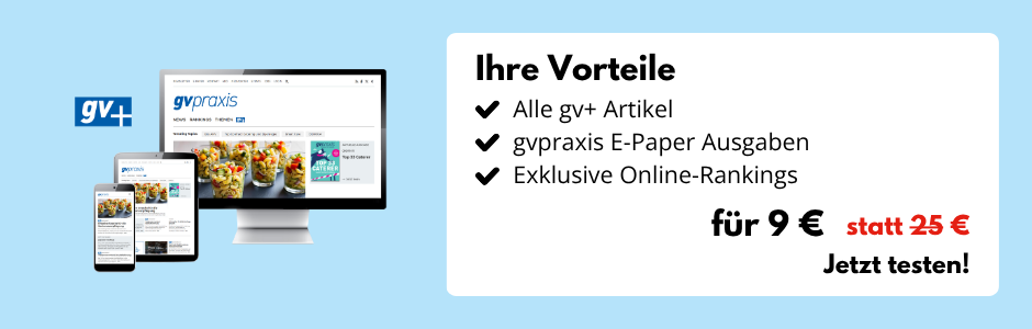 Hellblauer Hintergrund, Desktop-Bildschirm, Tablet und Smartphone mit der Website gvpraxis.de, daneben eine Infobox: Ihre Vorteile: Alle gv+ Artikel, gvpraxis E-Paper-Ausgaben, Exklusive Online-Rankings für 9 € statt 25 € - Jetzt testen!