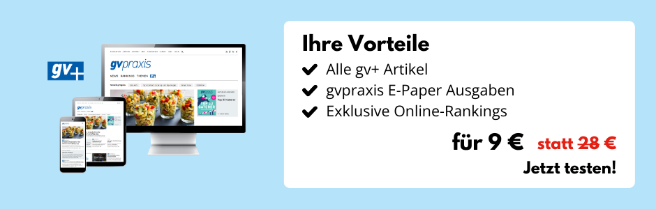 Hellblauer Hintergrund, Desktop-Bildschirm, Tablet und Smartphone mit der Website gvpraxis.de, daneben eine Infobox: Ihre Vorteile: Alle gv+ Artikel, gvpraxis E-Paper-Ausgaben, Exklusive Online-Rankings für 9 € statt 28 € - Jetzt testen!