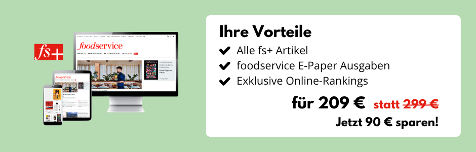 Grüner Hintergrund, Desktop-Bildschirm, Tablet und Smartphone mit der Website food-service.de, daneben eine Infobox: Ihre Vorteile: Alle fs+ Artikel, foodservice E-Paper-Ausgaben, Exklusive Online-Rankings für 209 € statt 299 € - Jetzt 90 € sparen!