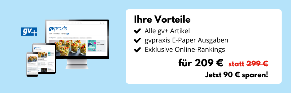 Hellblauer Hintergrund, Desktop-Bildschirm, Tablet und Smartphone mit der Website gvpraxis.de, daneben eine Infobox: Ihre Vorteile: Alle gv+ Artikel, gvpraxis E-Paper-Ausgaben, Exklusive Online-Rankings für 209 € statt 299 € - Jetzt 90 € sparen!