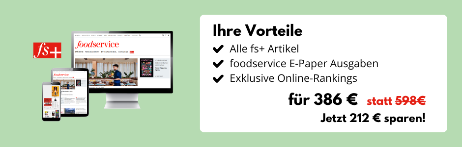 Grüner Hintergrund, Desktop-Bildschirm, Tablet und Smartphone mit der Website food-service.de, daneben eine Infobox: Ihre Vorteile: Alle fs+ Artikel, foodservice E-Paper-Ausgaben, Exklusive Online-Rankings für 386 € statt 598 € - Jetzt 212 € sparen!