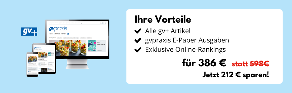 Hellblauer Hintergrund, Desktop-Bildschirm, Tablet und Smartphone mit der Website gvpraxis.de, daneben eine Infobox: Ihre Vorteile: Alle gv+ Artikel, gvpraxis E-Paper-Ausgaben, Exklusive Online-Rankings für 386 € statt 598 € - Jetzt 212 € sparen!
