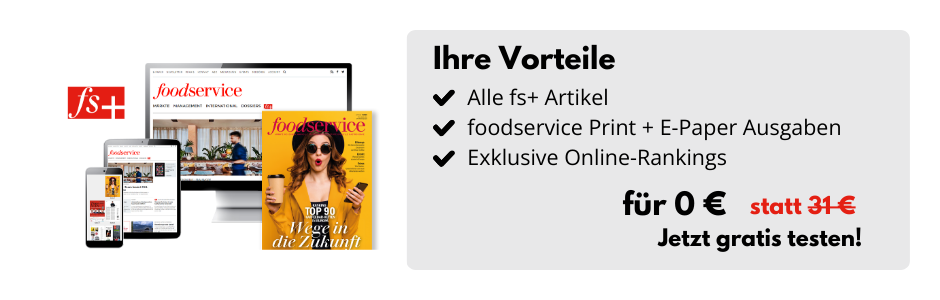 Desktop-Bildschirm, Tablet und Smartphone mit der Website food-service.de sowie eine foodservice Print-Ausgabe, daneben eine Infobox: Ihre Vorteile: Alle fs+ Artikel, foodservice Print und E-Paper-Ausgaben, Exklusive Online-Rankings für 0 € statt 31 € - Jetzt gratis testen!