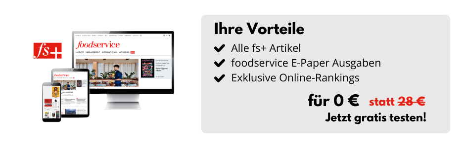 Desktop-Bildschirm, Tablet und Smartphone mit der Website food-service.de, daneben eine Infobox: Ihre Vorteile: Alle fs+ Artikel, foodservice E-Paper-Ausgaben, Exklusive Online-Rankings für 0 € statt 28 € - Jetzt gratis testen!
