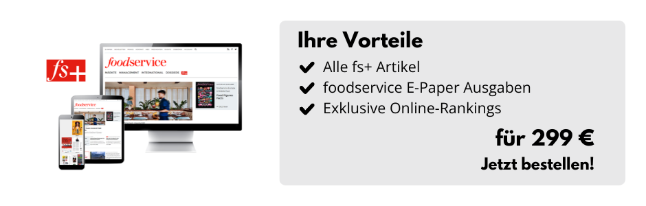 Desktop-Bildschirm, Tablet und Smartphone mit der Website food-service.de, daneben eine Infobox: Ihre Vorteile: Alle fs+ Artikel, foodservice E-Paper-Ausgaben, Exklusive Online-Rankings für 299 € - Jetzt bestellen!